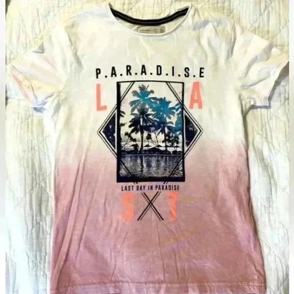 Zara kids t shirt Top boys 8‎ Paradise ombre Orange White Surf Palm Tree beach